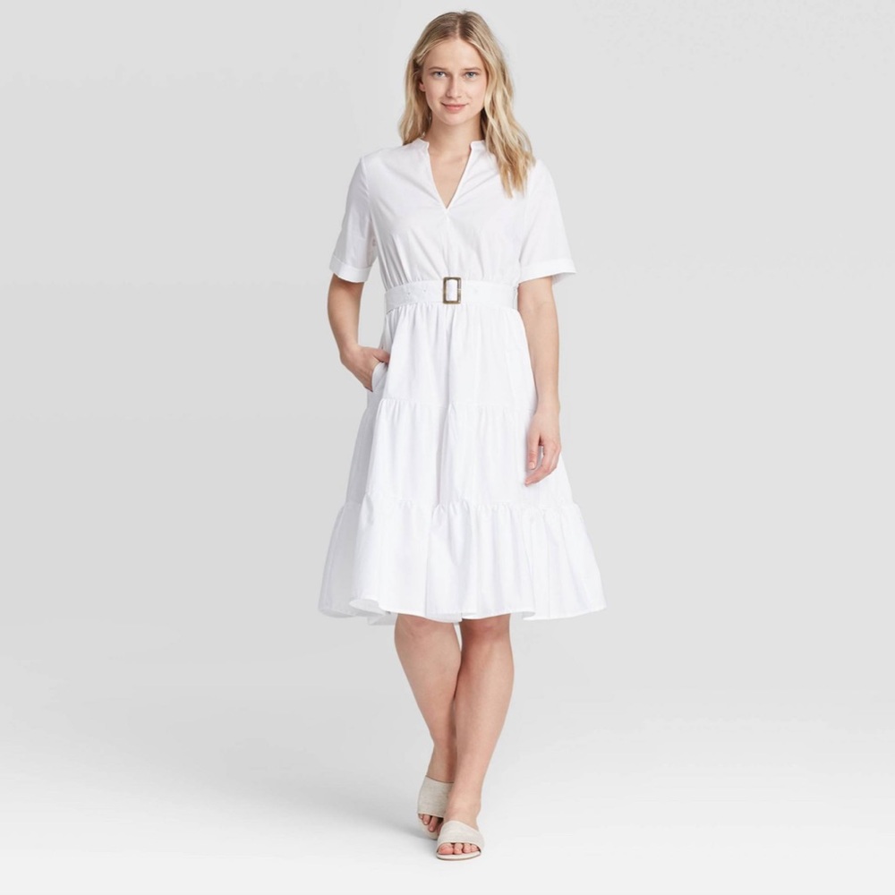 100% Cotton White Belted Flowy Dress w/Pockets!